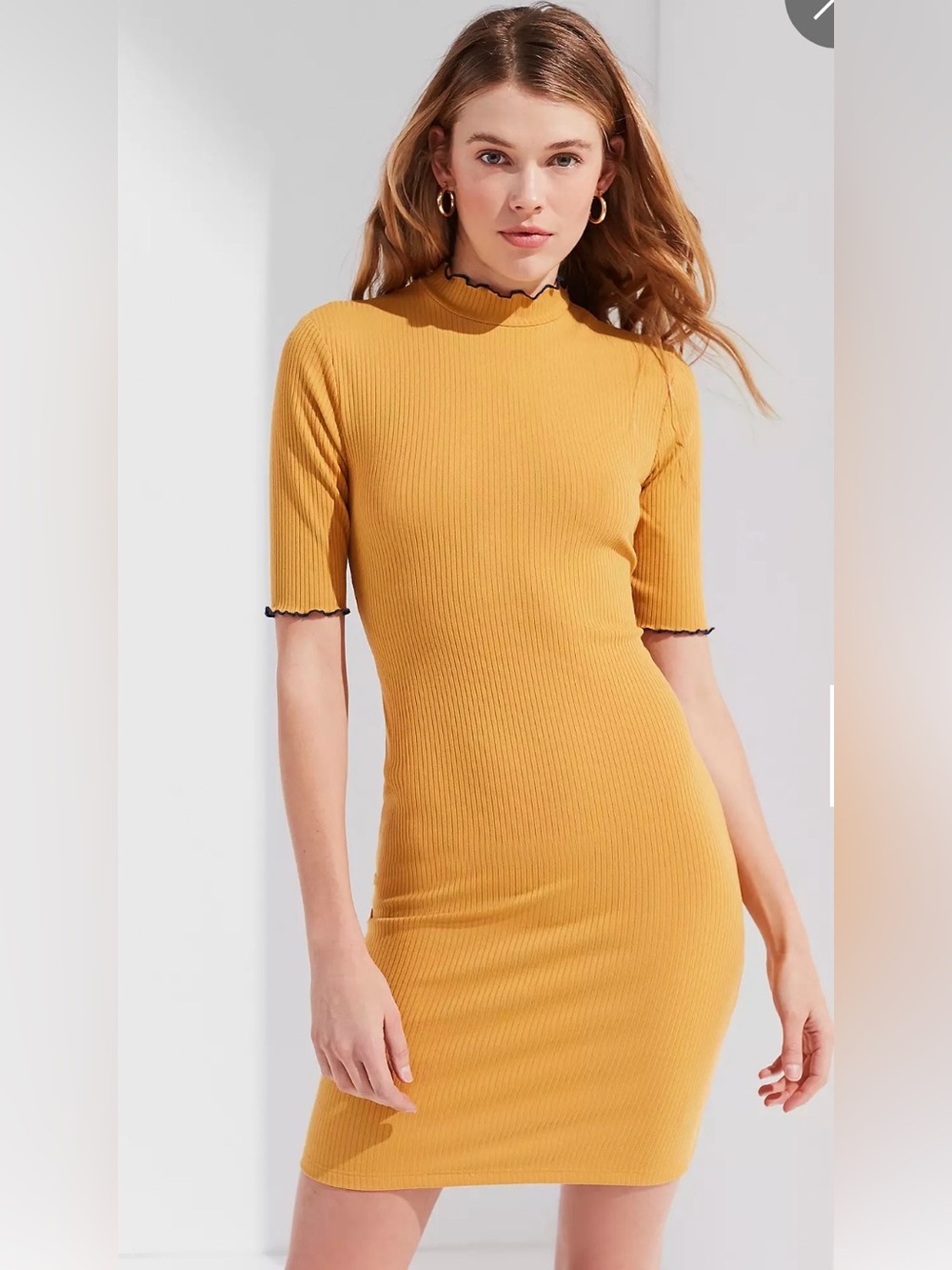 Urban Outfitters Mustard Yellow Ribbed Lettuce Edge Mock Neck Mini Dress Medium
